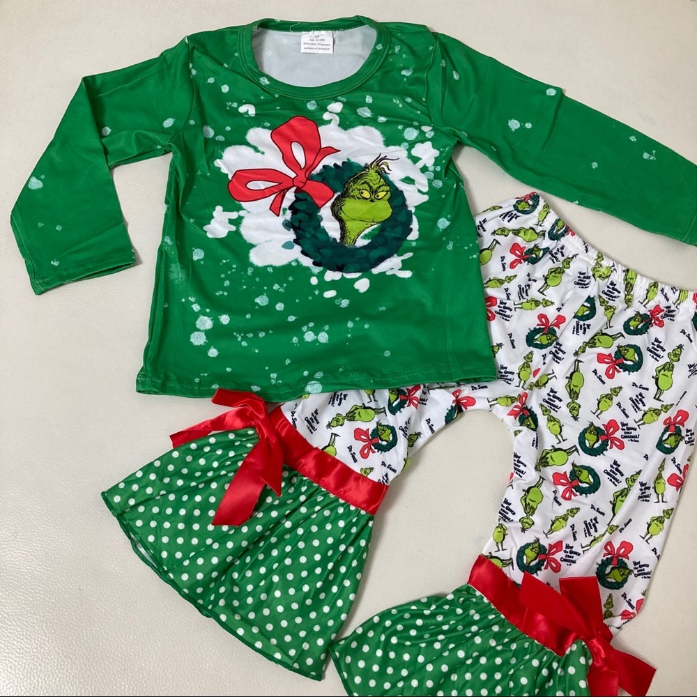 Boutique Christmas 🎄 Grinch cute bow pants long sleeve top set - Picture 7 of 7